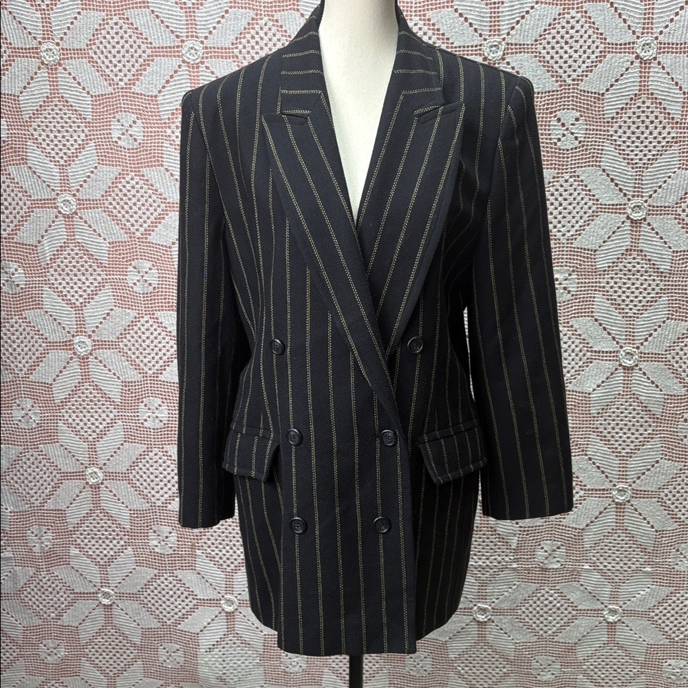 Mondi Vintage Wool Blazer Pinstripe Black Gold Size 38/ Sz 6-8 - Picture 4 of 8
